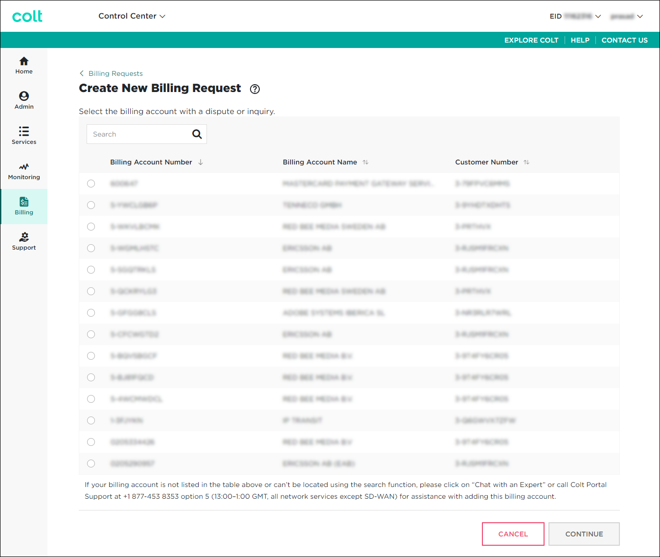 Create New Billing Request (showing billing accounts)