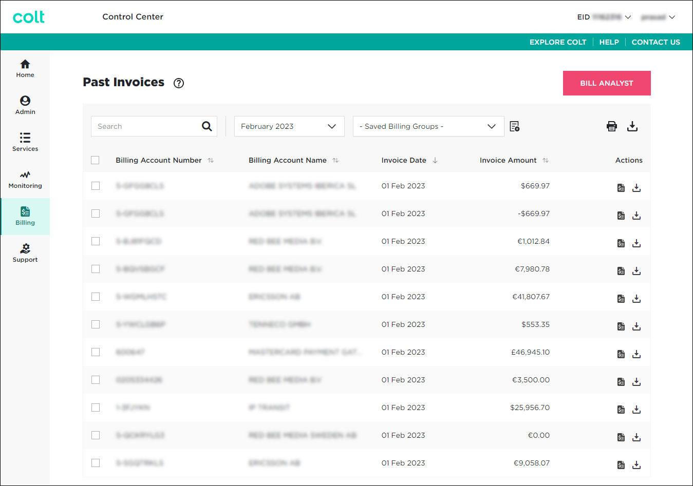 Past Invoices & Downloads (showing Past Invoices tab)