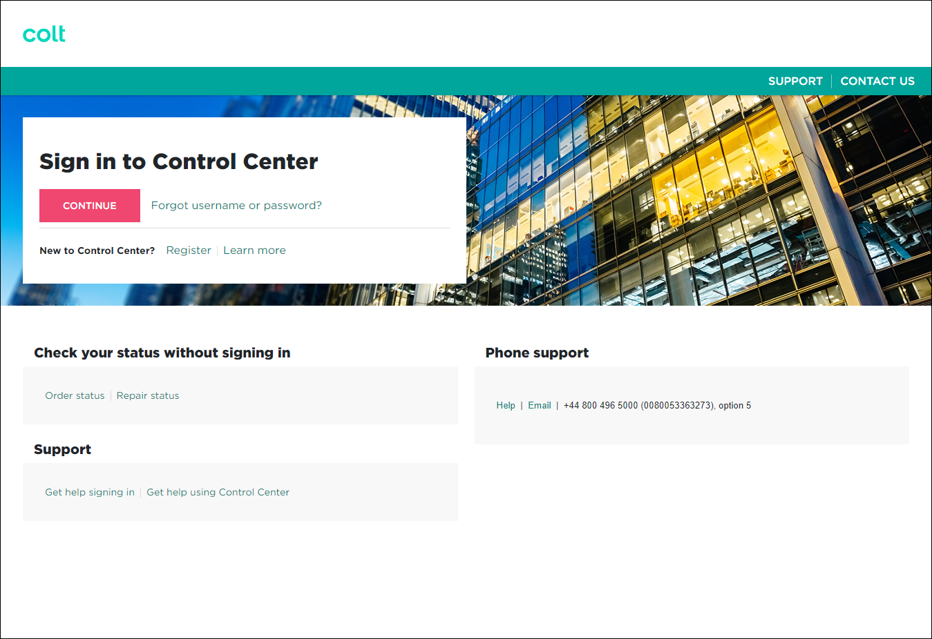 Control Center login page