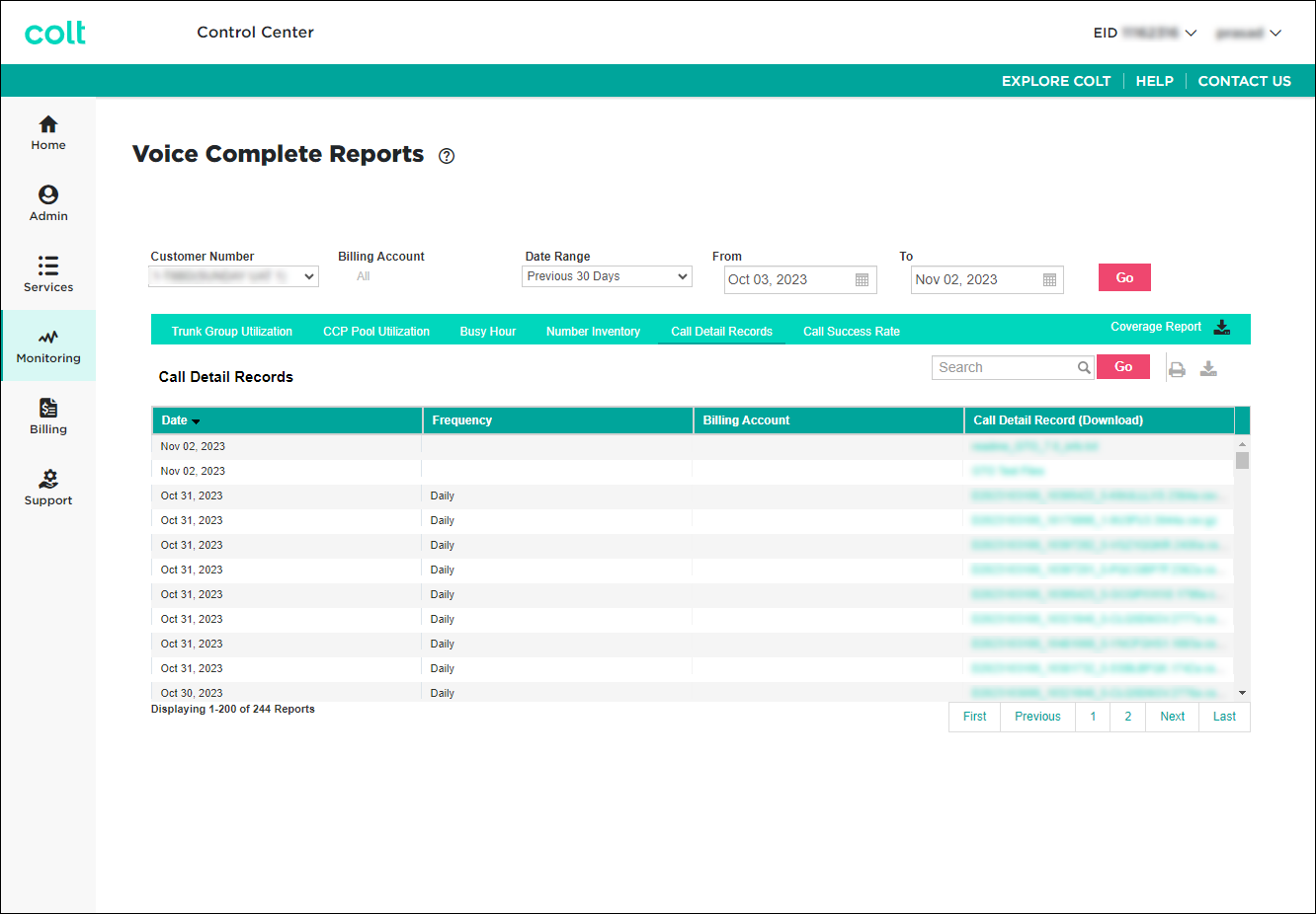 Voice Complete Reports (showing Call Detail Records)