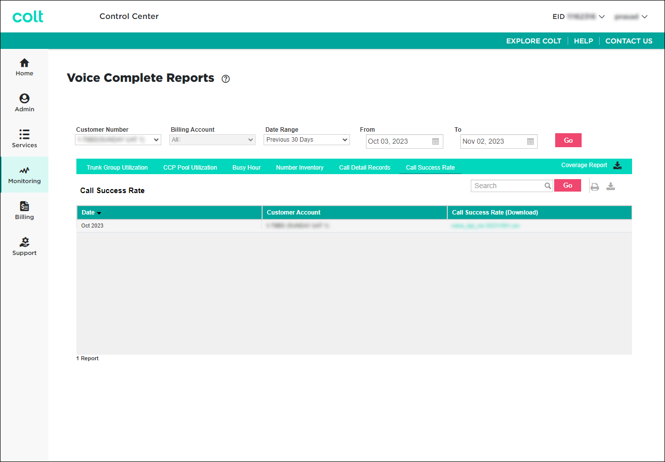 Voice Complete Reports (showing Call Success Rate)
