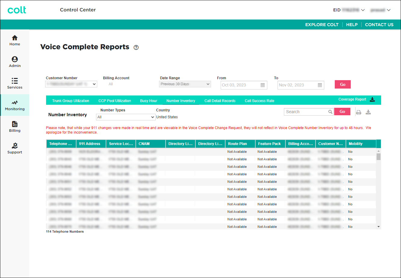 Voice Complete Reports (showing Number Inventory)