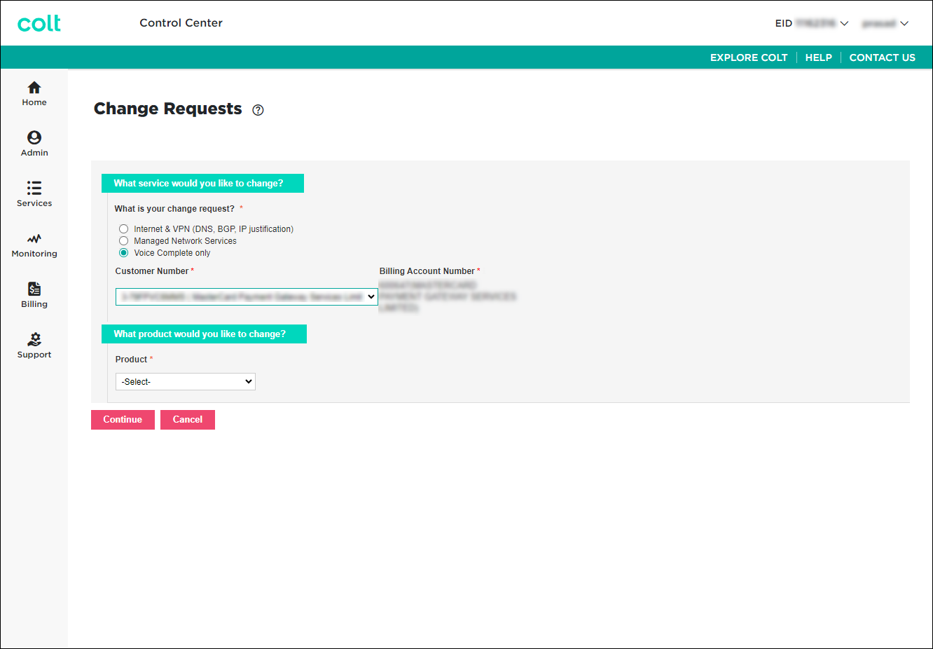 Change Requests (New Change Request for Voice Complete with customer number and billing account selected)