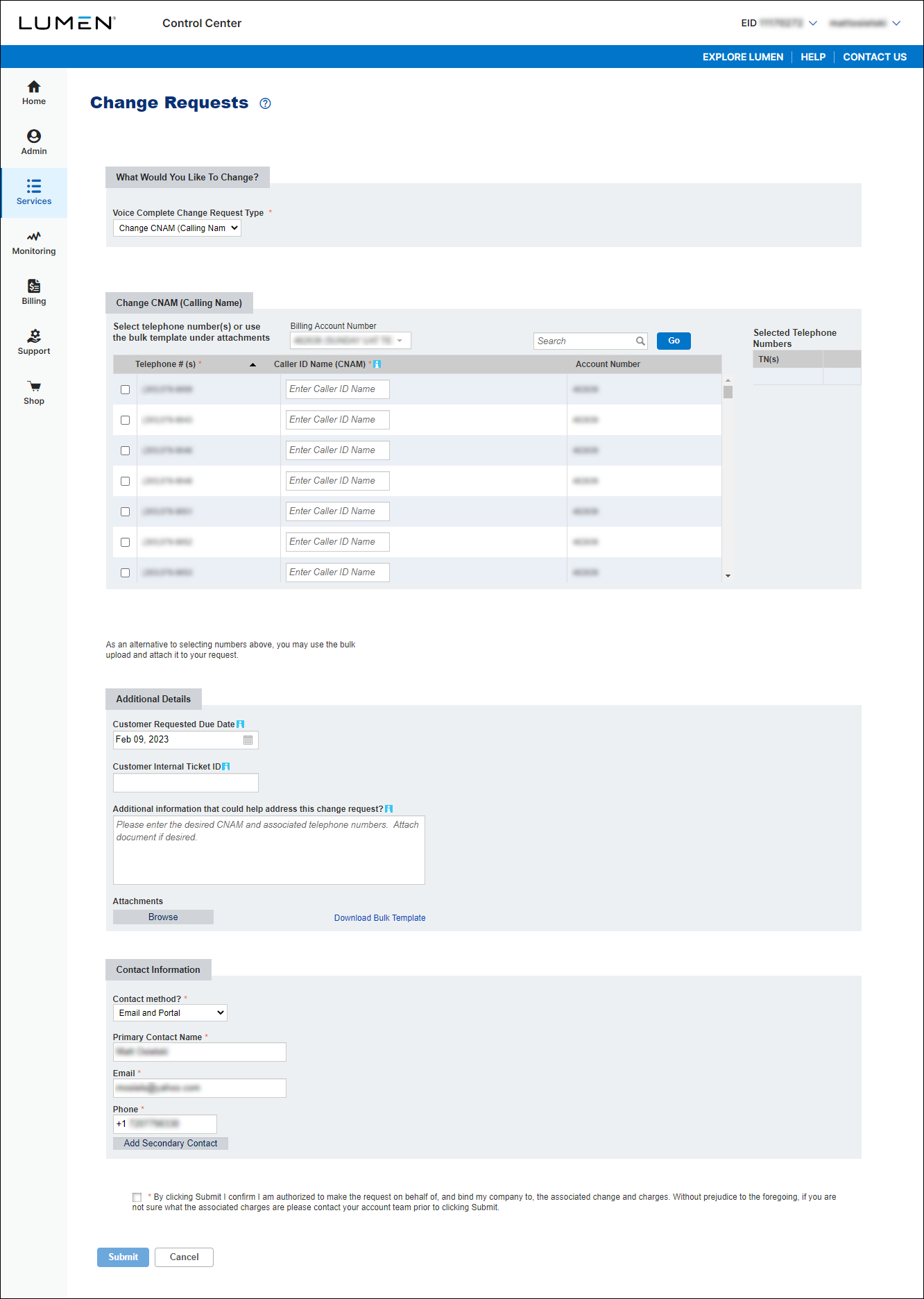 Change requests voice complete change request type change cnam selected