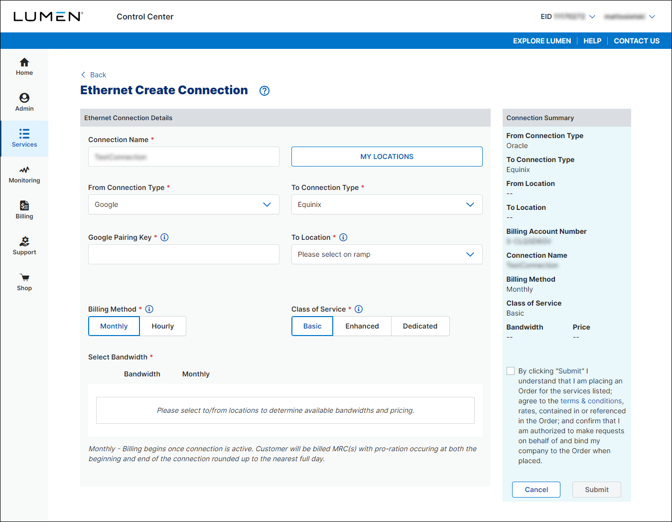 Ethernet Create Connection (showing a connection between Google and Equinix)