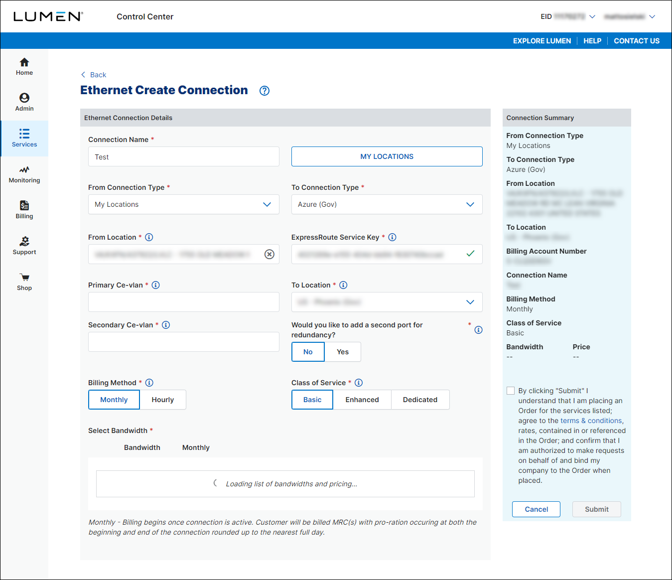 Ethernet Create Connection (showing a connection from your location to Azure Gov)