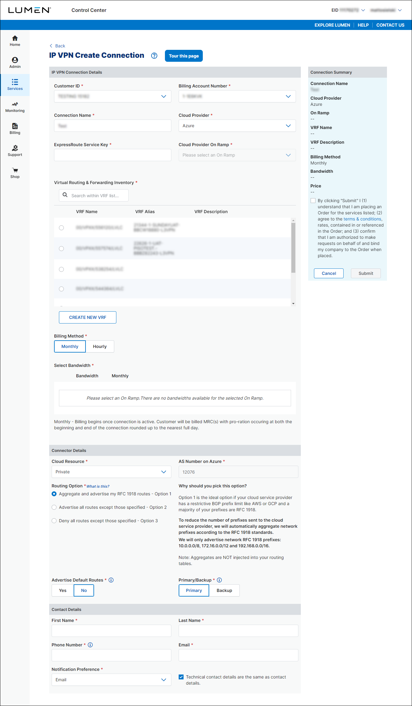 IP VPN Create Connection (showing Azure selected)