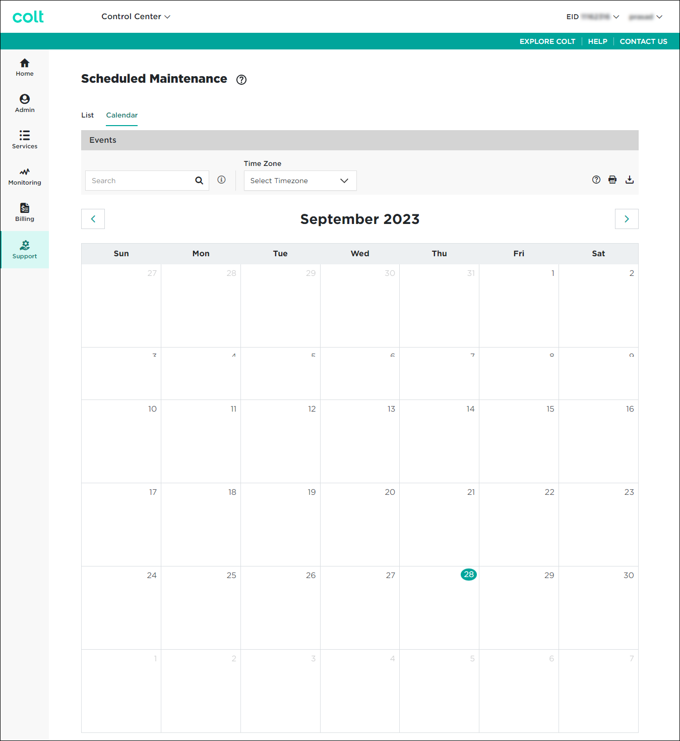 Scheduled Maintenance (showing calendar view)