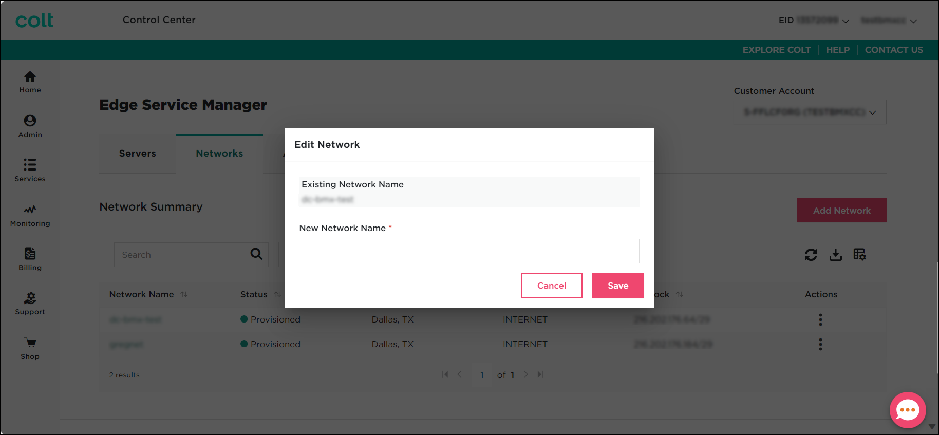 Edge Service Manager edit network view