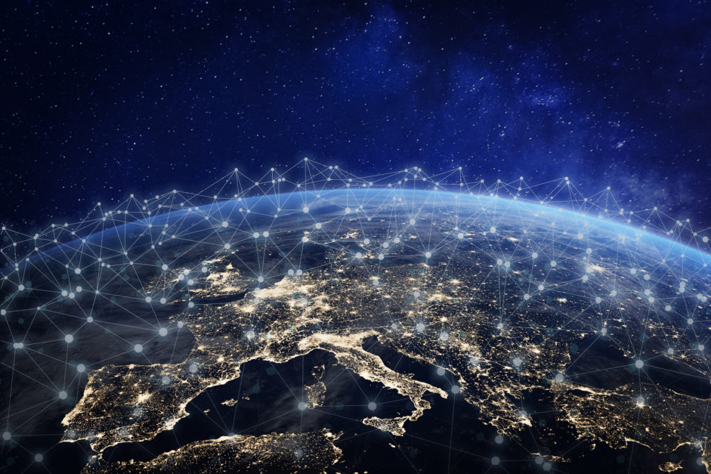 European telecommunication network connected over Europe, France, Germany, UK, Italy, concept about internet and global communication technology for finance, blockchain or IoT, elements from NASA (https://eoimages.gsfc.nasa.gov/images/imagerecords/57000/57752/land_shallow_topo_2048.jpg)