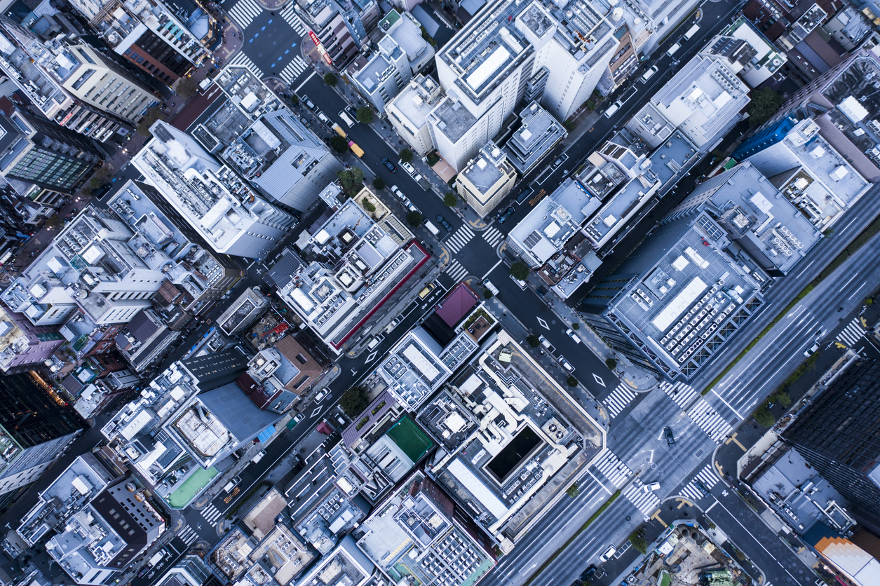 Aerial view in urban areas. Viewpoint from directly above.
Roof of building.