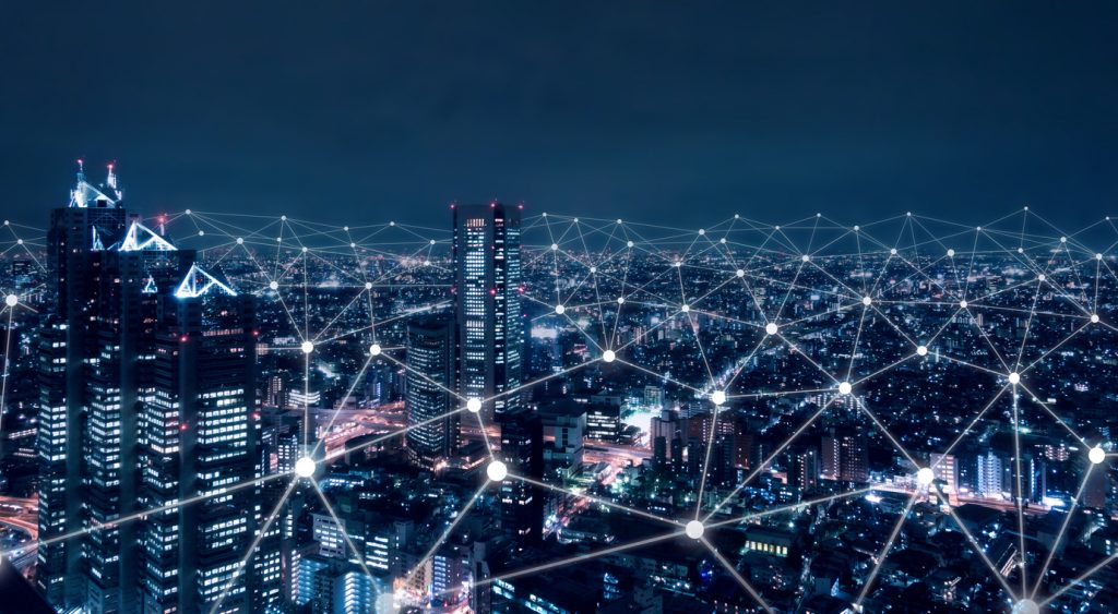 Telecommunication network above city, wireless mobile internet technology for smart grid or 5G LTE data connection, concept about IoT, global business, fintech, blockchain Telecommunication network above city, wireless mobile internet technology for smart grid or 5G LTE data connection, concept about IoT, global business, fintech, blockchain