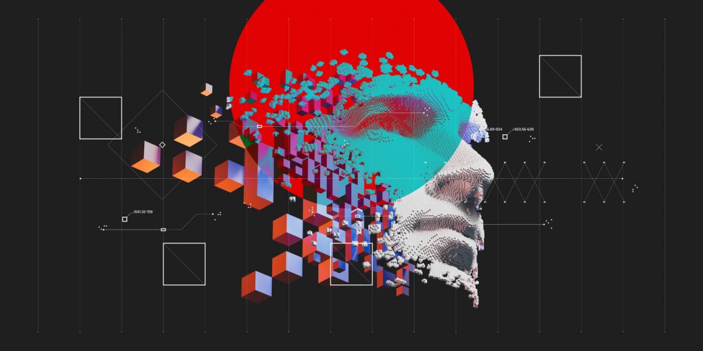 Abstract digital human face Artificial intelligence concept of big data or cyber security. 3D illustration