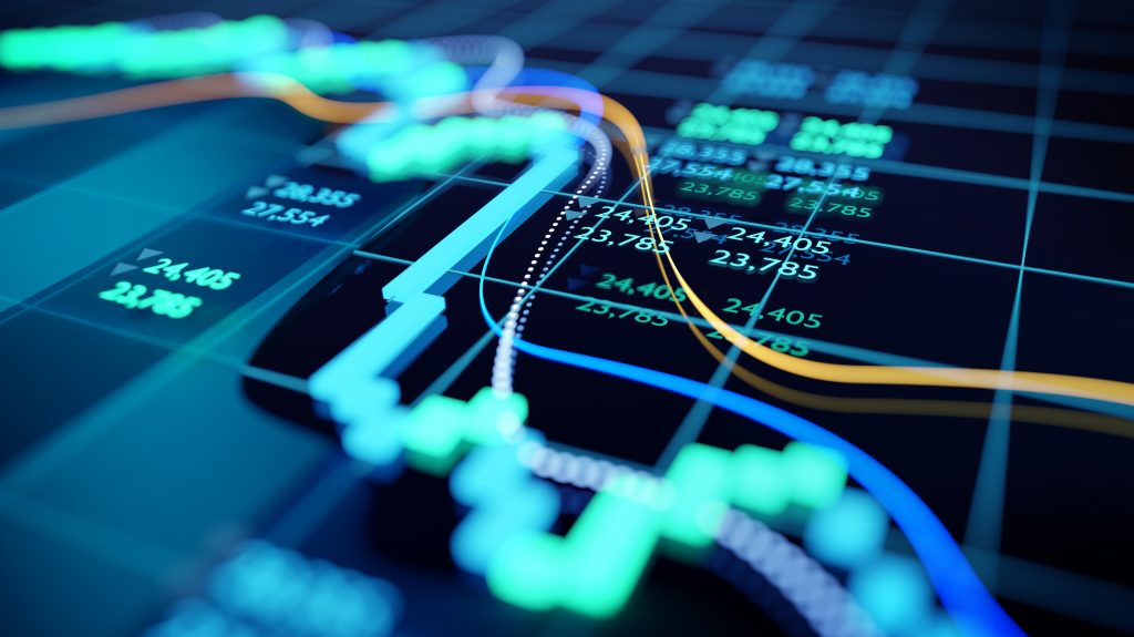 Close Up Image Of A Stock Market Graph close up shot of a digital stock market tracking graph follwing a recent crash in prices. Bear market 3D illustration