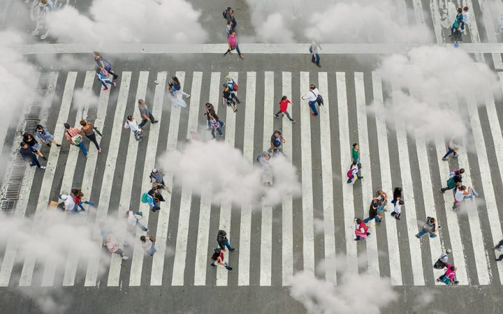 Aerial view of crowd with clowds