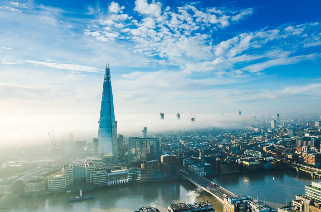 The Shard skyscraper in London. The tallest skyscraper in the EU with the height of 310 m, designed by architect Renzo Piano.