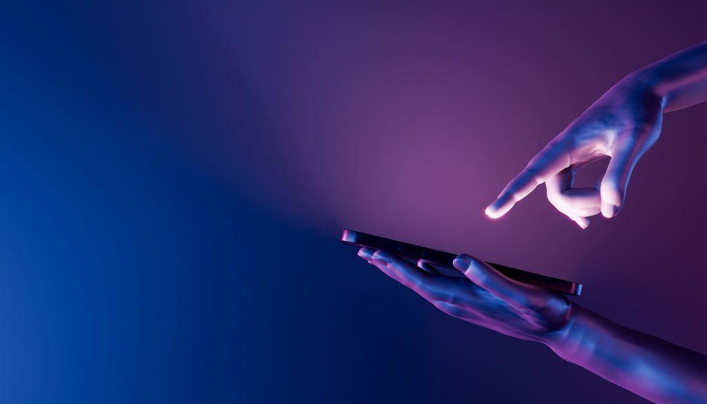 3D hands holding a smartphone and pointing at it 3d hands holding a cell phone and pointing to the screen. neon lights. futuristic concept, technology, metaverse and crypto. 3d rendering