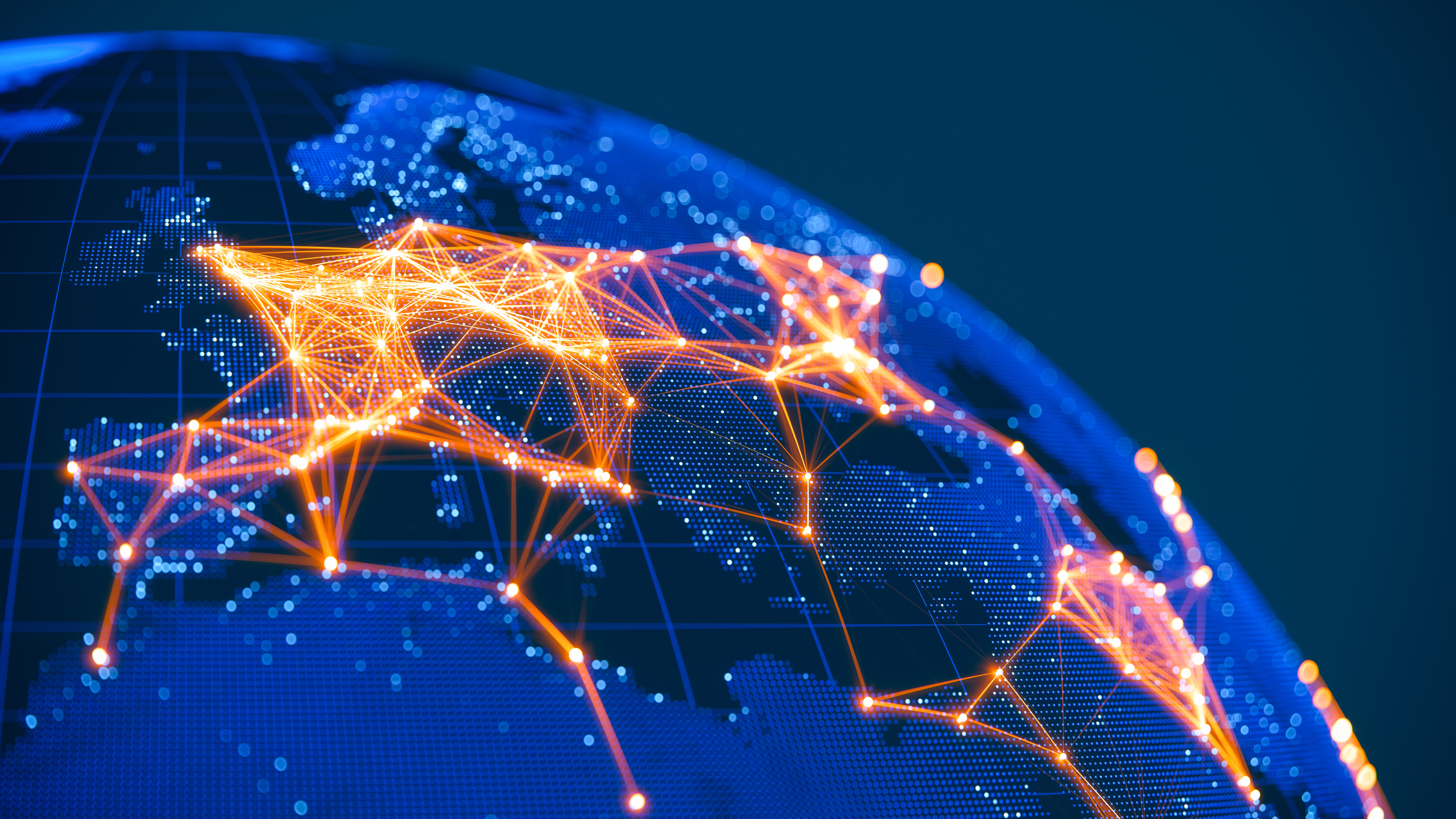 Global Communication Network (World Map Credits To Nasa) Abstract Earth view from space with connections from major cities.
(World Map Courtesy of NASA: https://visibleearth.nasa.gov/view.php?id=55167)