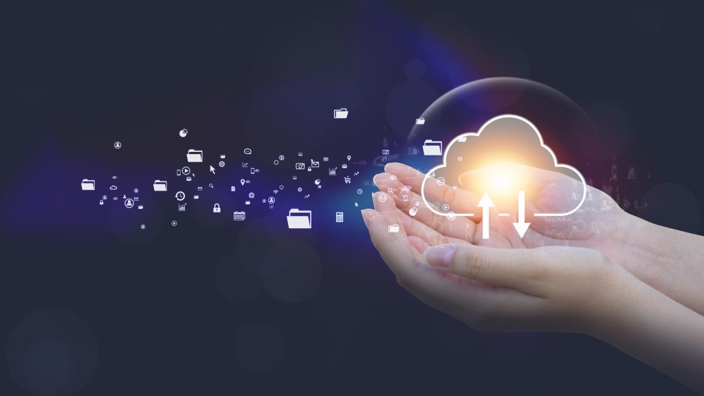 Cloud computing diagram is shown on hand. Cloud technology. Data storage. Networking and internet service concept. Futuristic tone purple, neon color. Cloud Computing, Change, Technology, Service, Vitality, Innovation, Community, Hand