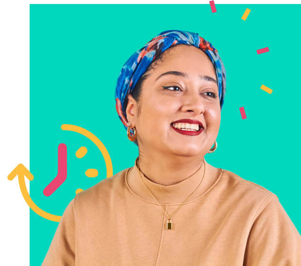 Woman with her hair in a head covering smiling with a clock icon in the background