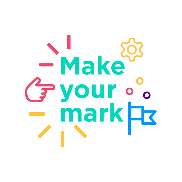 Text saying Make your mark with icons of a gear, hand, and flag