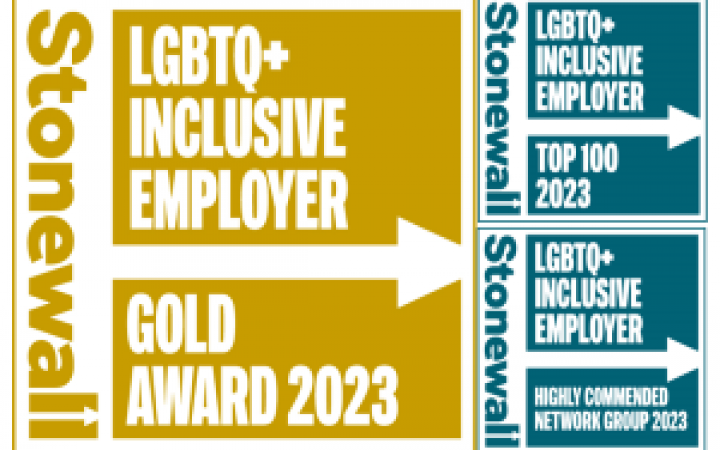 Gold and blue image with Stonewall LGBTQ+ inclusive employer