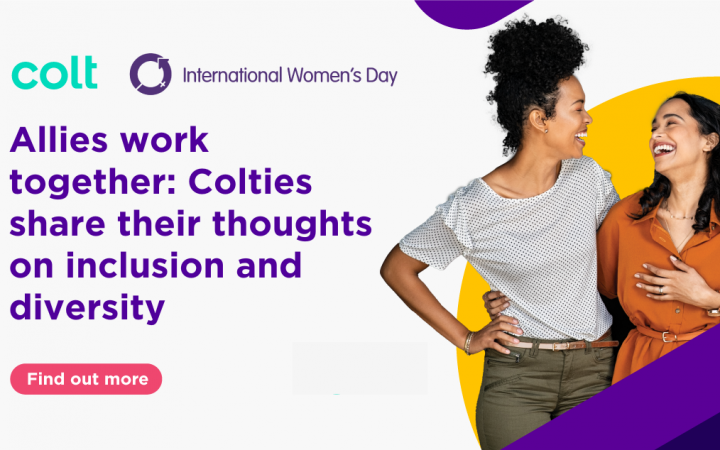 Two women smiling; the Colt logo; the phrase "allies work together"