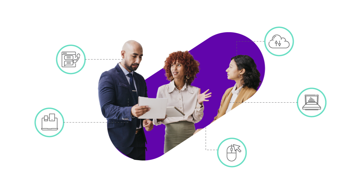 The new customer image Image of three people having a conversation over a laptop.