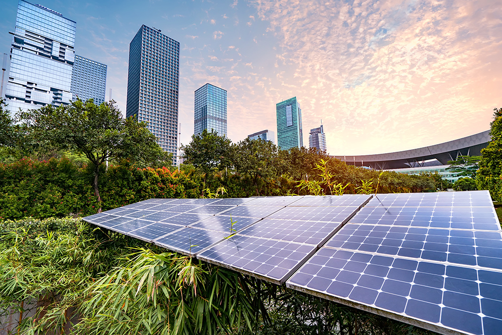 Solar Power Plant in modern city,Sustainable Renewable Energy.