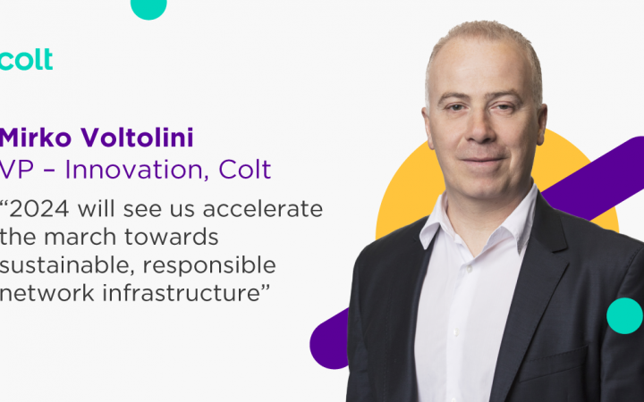 Photo depicts a photo of Mirko Voltolini next to a quote saying "2024 will see us accelerate the march towards sustainable, responsible digital infrastructure"