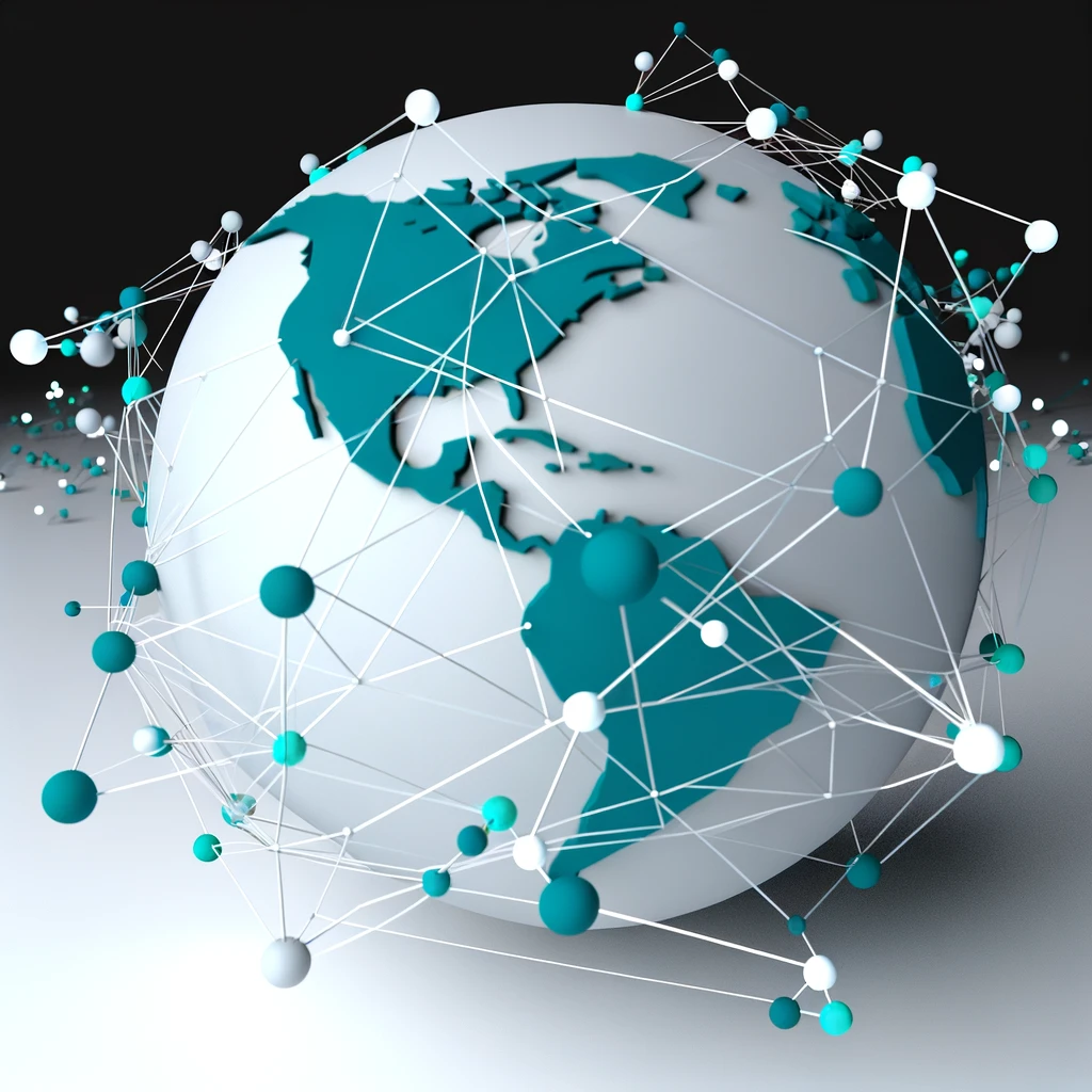 Create a 3D image that visually represents global interconnected networks, focusing solely on the use of Teal #00D7BD and White #ffffff. This image sh Create a 3D image that visually represents global interconnected networks, focusing solely on the use of Teal #00D7BD and White #ffffff. This image sh