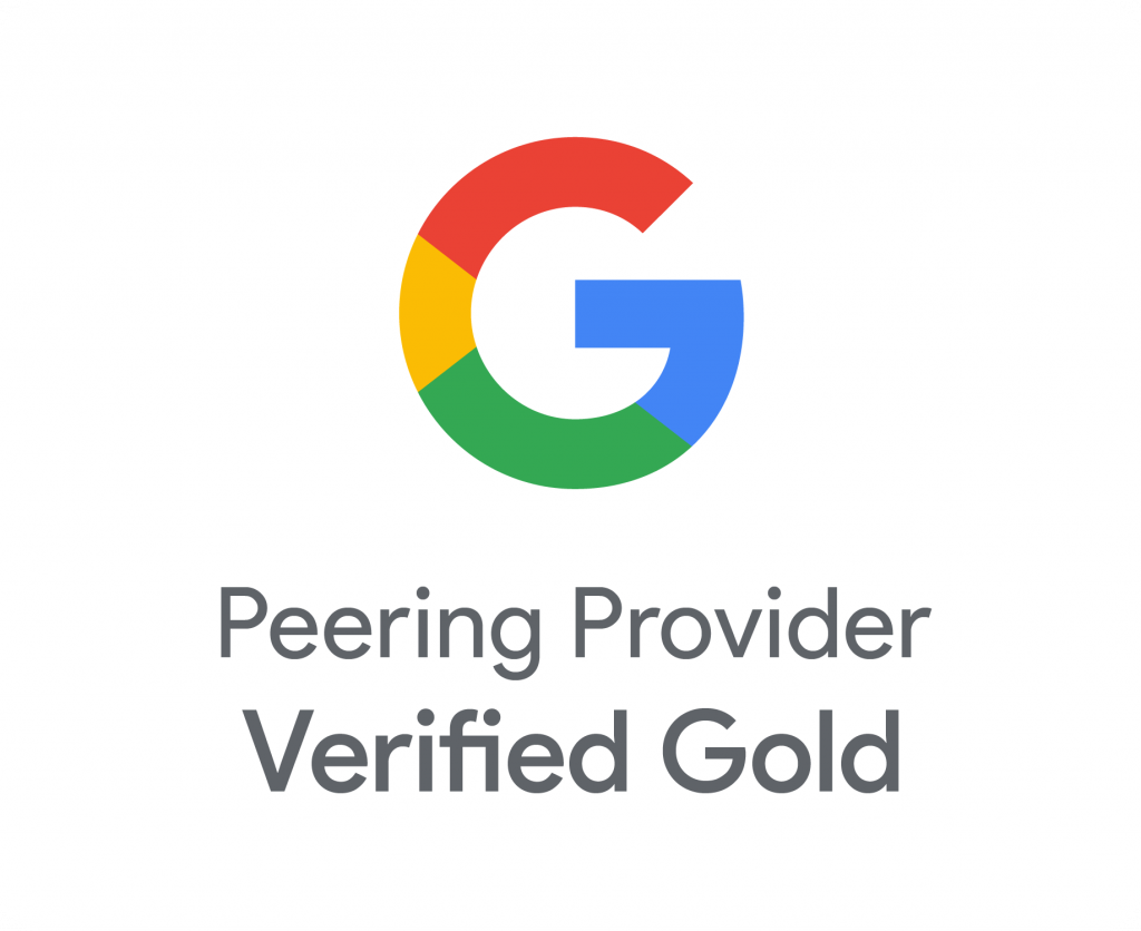 Image shows Google logo in colour with the words 'Peering Provider Verified Gold' beneath it