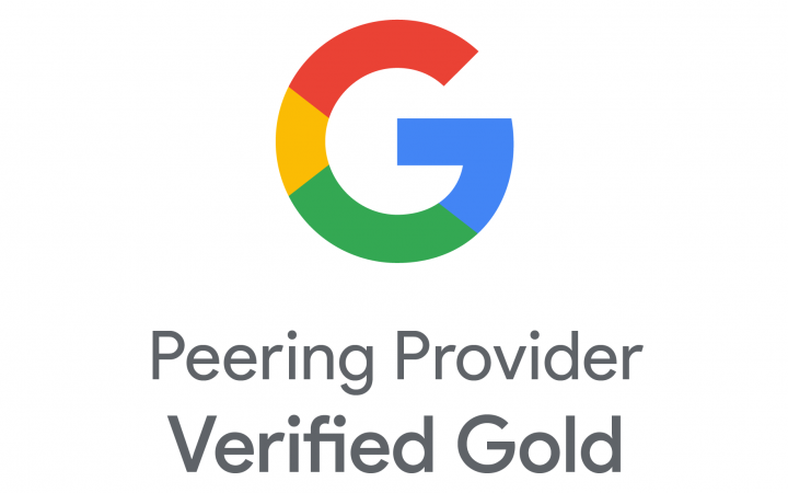 Image shows Google logo in colour with the words 'Peering Provider Verified Gold' beneath it
