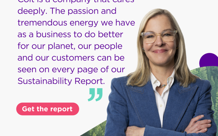 Image of Keri Gilder, Colt CEO, in blue jacket against quote which reads "Colt is a company which cares deeply".