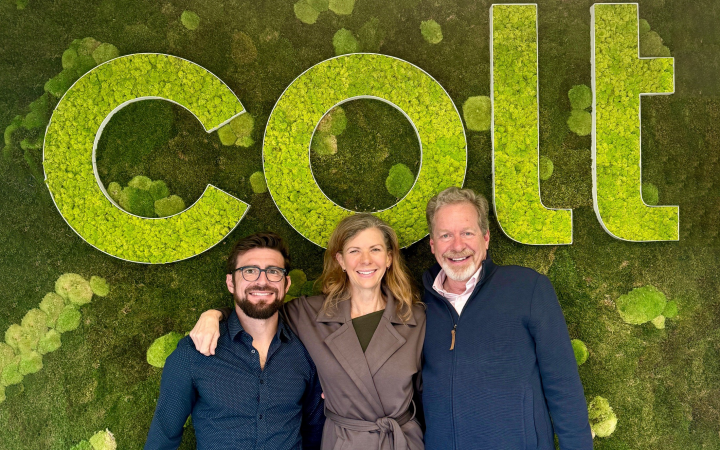 From left to right, Florian Ledoux, Andrea Sparrow and Kerry Koepping from Arctic Arts standing in front of Colt logo