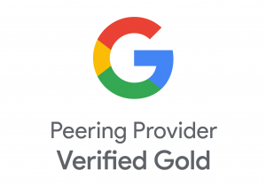 Image shows Google logo in colour with the words 'Peering Provider Verified Gold' beneath it