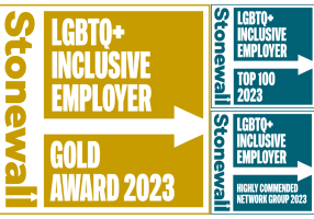 Gold and blue image with Stonewall LGBTQ+ inclusive employer